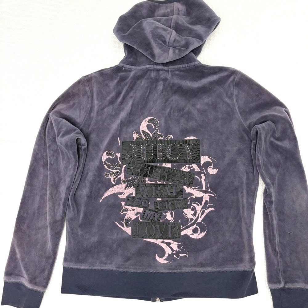 y2k vtg rare Juicy Couture Hoodie Velour Embellished Graphic Gray track M
